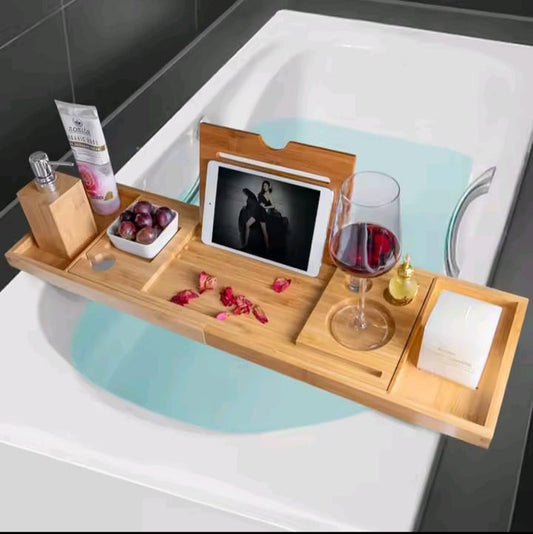 Expandable Bamboo Bathtub Caddy Tray / Breakfast Bed Table with Stands