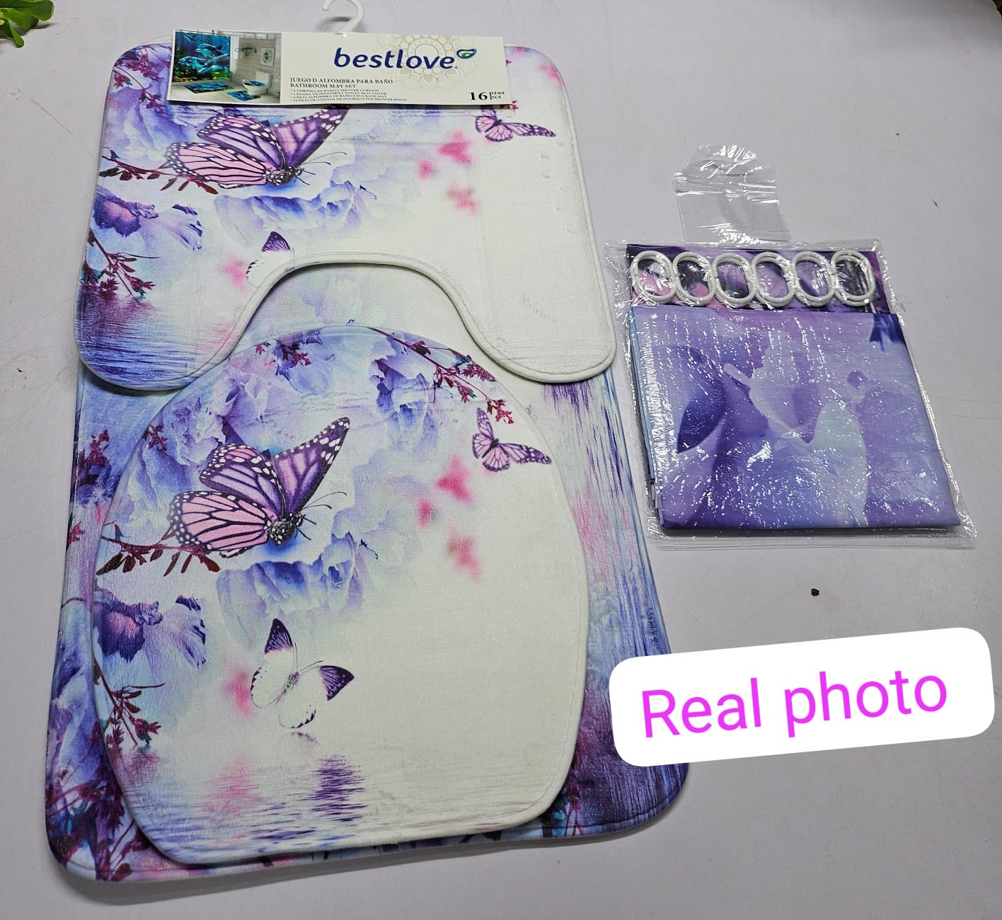 3D 4in1 bathroom woolen mats with a waterproof shower curtain