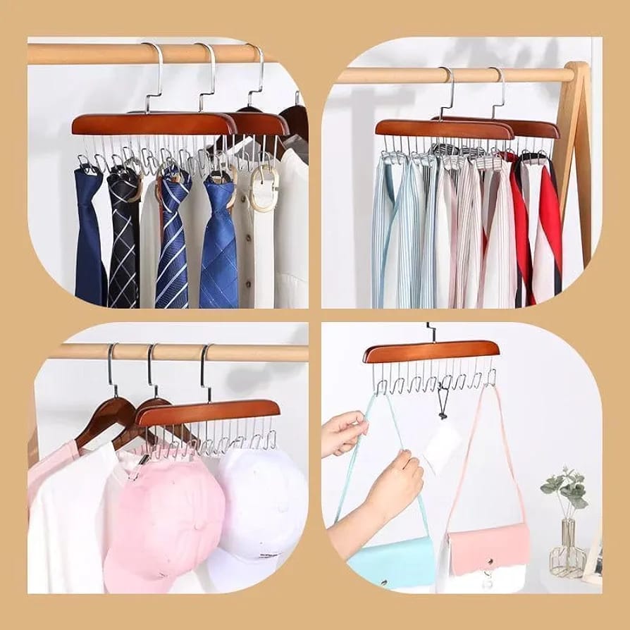 Solid wooden hanger with multiple hooks