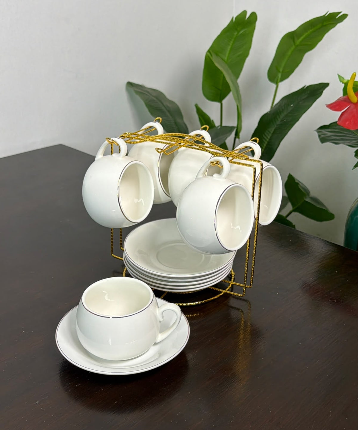 Fine bone china White & Gold rim Tea Set — 6 Cups, 6 Saucers + Gold Stand 🤍✨