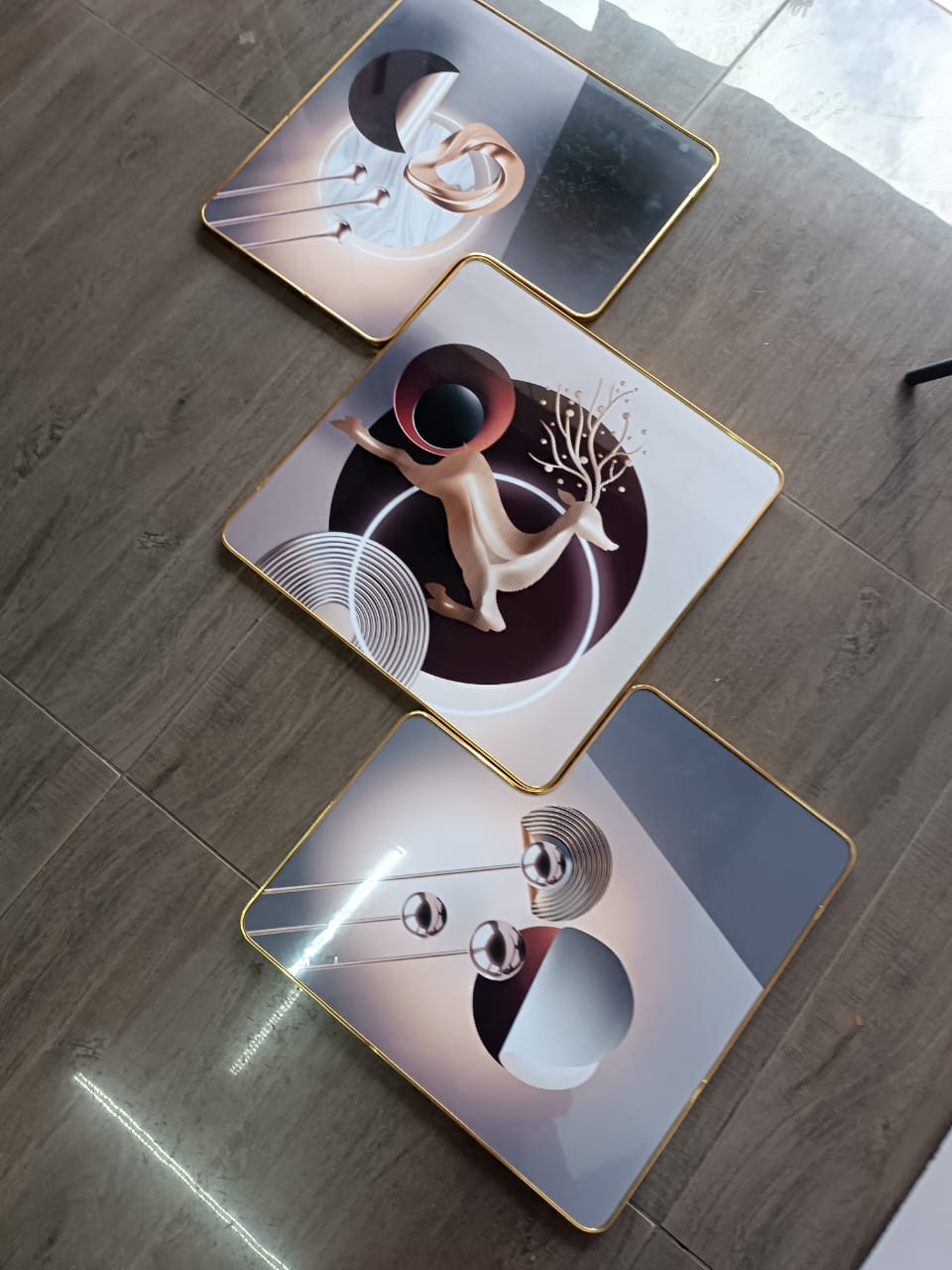3 Piece 3D Abstract Art 78 Crystal porcelain painting Aluminum Alloy Frame