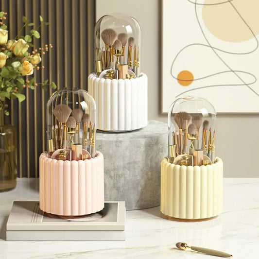 Cosmetic Brush Storage Case 360 Rotating Makeup Brush Holder with Dustproof Lid Capacity Cosmetic Storage Case