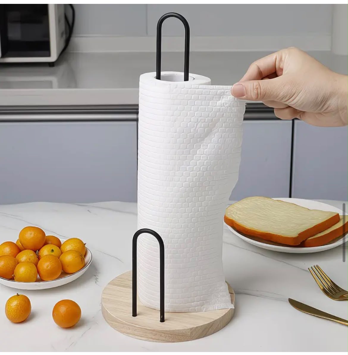 Black Metal Paper Towel Holder with Bamboo Base