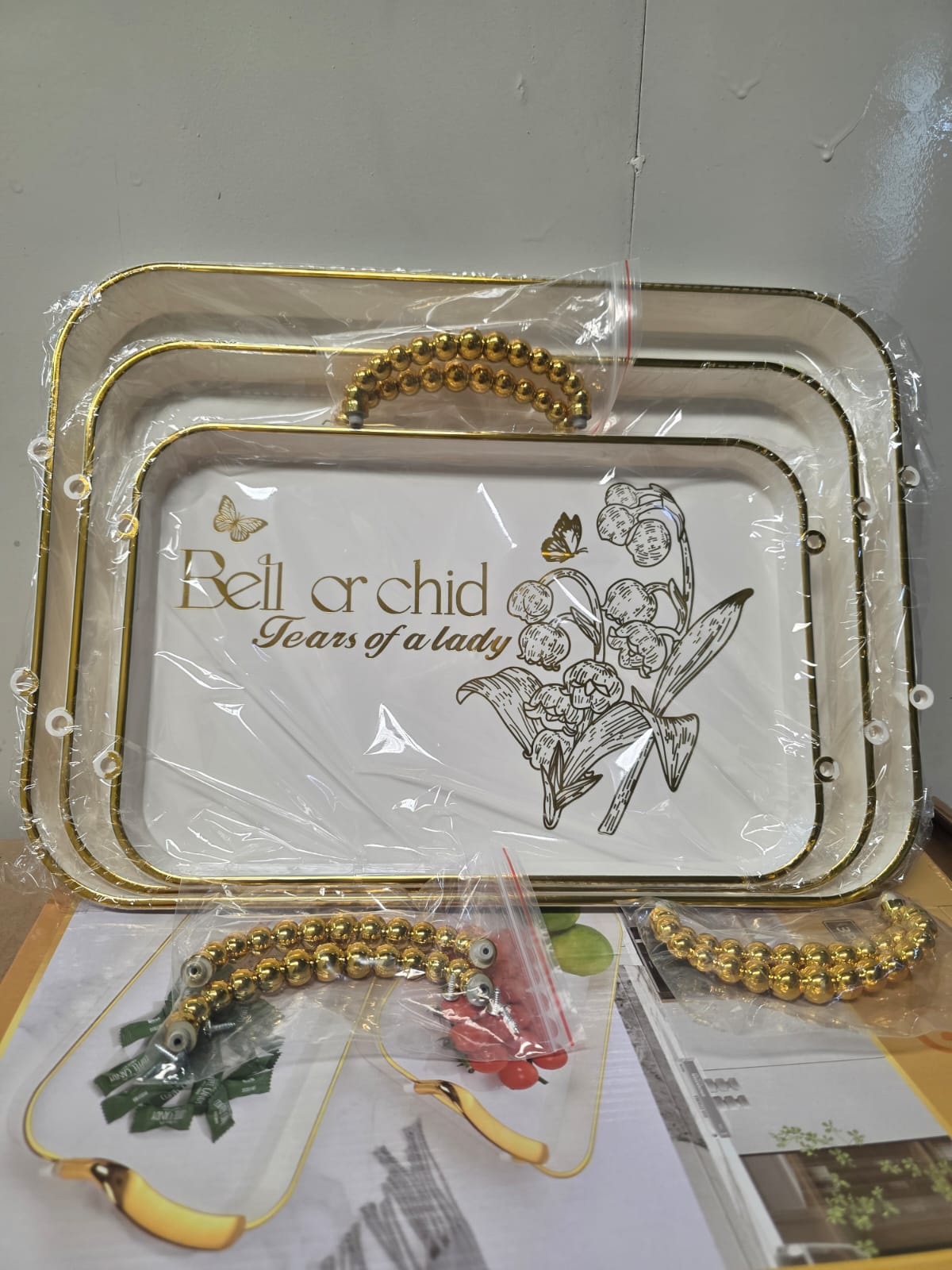 3 pcs acrylic tray Bell with golden  Handles