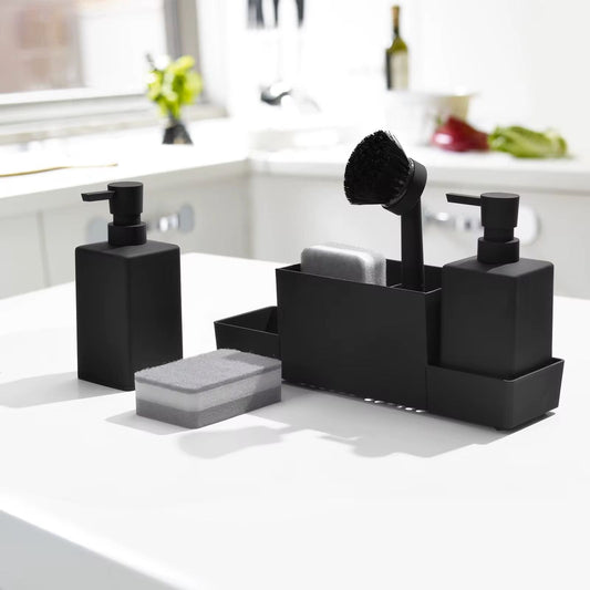 Matte black kitchen soap dispenser with sponge holder set for sink caddy /hand soap and dish soap dispenser with brush
